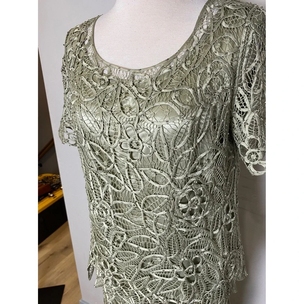 Vintage 90s Y2K Silk 3 Piece Set Lace Beaded Blouse Tank Skirt Sage Green Formal